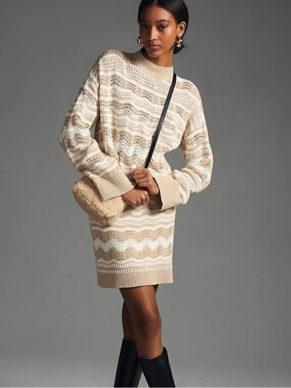 Anthropologie Beige and White Knit Sweater and Skirt Two-piece Set